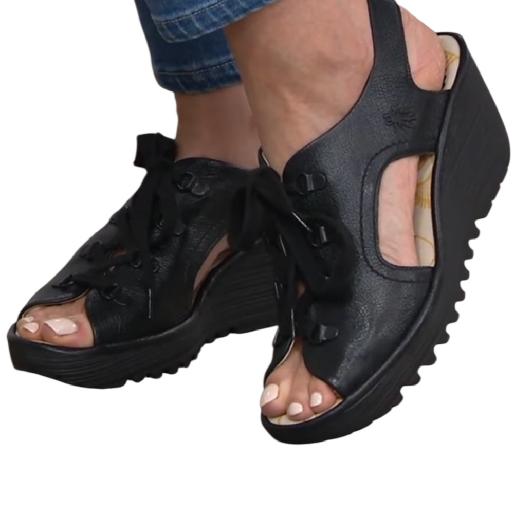 Fly London Black Leather Lace Up Wedge Sandal